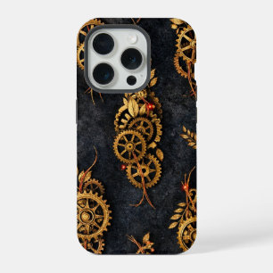 Vintage Gold Gears & Red Neon Mythic Cyberpunk iPhone 15 Pro Hülle