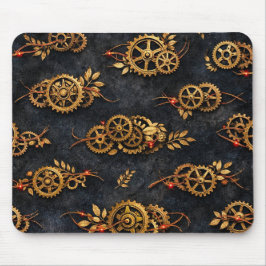 Vintage Gold Gears & Red Neon Mythic Cyberpunk Mousepad