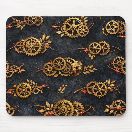Vintage Gold Gears & Red Neon Mythic Cyberpunk Mousepad (Vorne)