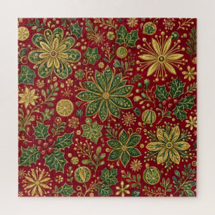 Vintage Gold Grüner Stechpalmen-Weihnachtsbotanik Puzzle