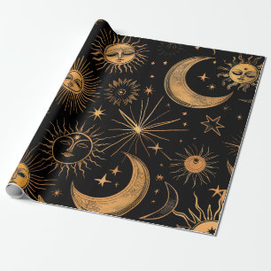 Vintage Gold Himmels-Sonne und Mond Schwarz Geschenkpapier