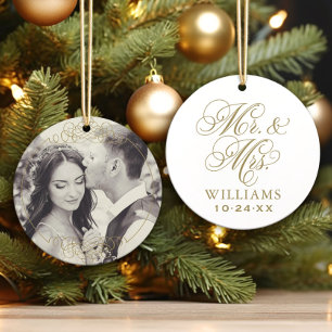 Vintage-Gold-Hochzeitsmonogramm-Foto für Mr. und M Ornament