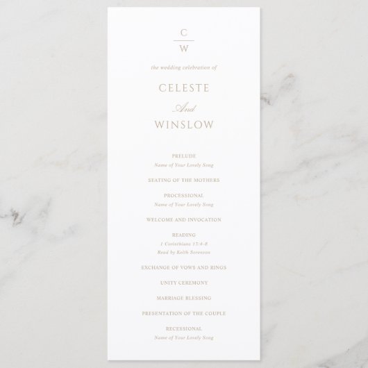 Vintage-Gold-Monogramm klassische moderne Hochzeit Programm (Vorderseite)