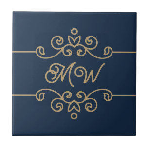 Vintage Gold & Navy Blau Elegantes Monogramm mit f Fliese
