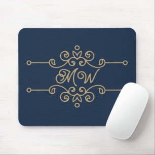 Vintage Gold & Navy Blau Elegantes Monogramm mit f Mousepad