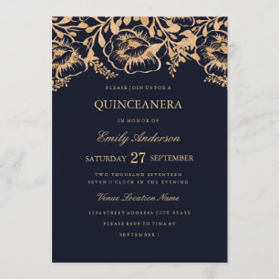 Vintage Gold Navy Florale Quinceanera-Einladung Einladung