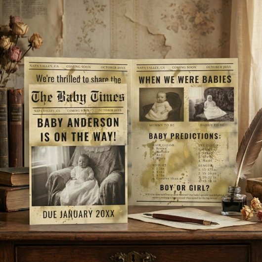 vintage gold Newspaper Pregnancy Announcement Einladung