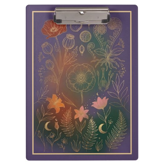 Vintage Gold Poppy & Fern Dark Botanical Office Klemmbrett (Vorderseite)