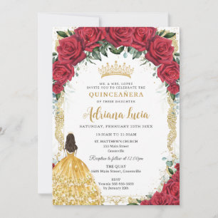 Vintage Gold-Rote Rosen Gelbe Kleidung Quinceañera Einladung