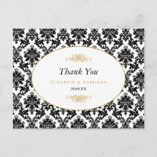 Vintage Gold Schwarz & Weiß Damast Hochzeit Danke Postkarte
