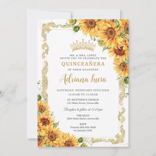 Vintage Goldblütenblume Gelbblume Quinceñera Einladung (Vorderseite)