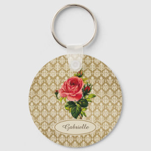 Vintage Golddamast-Muster-Rosa-Rose und Name Schlüsselanhänger