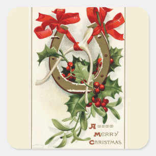 Vintage Golden Hufeisen Wunschknochen Weihnachten Quadratischer Aufkleber