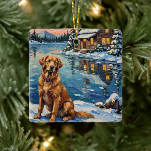 Vintage Golden Retriever am Lakeside-Weihnachten Keramikornament