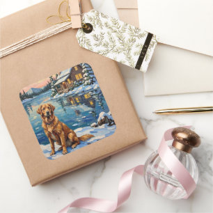 Vintage Golden Retriever am Seeufer Weihnachten Quadratischer Aufkleber