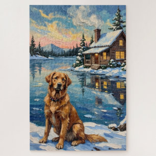 Vintage Golden Retriever am Weihnachten am See Puzzle