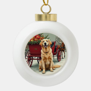 Vintage Golden Retriever Weihnachtskarosse Illust Keramik Kugel-Ornament
