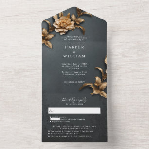 Vintage goldene Blätter RSVP beigefügte Hochzeit All In One Einladung