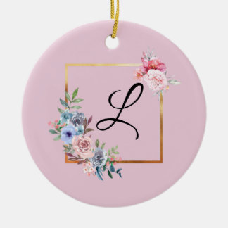 Vintage goldene mehrfarbige Blumen Monogramm Text  Keramik Ornament