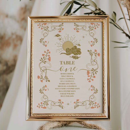 Vintage goldene mystische botanische Hochzeit Tischnummer