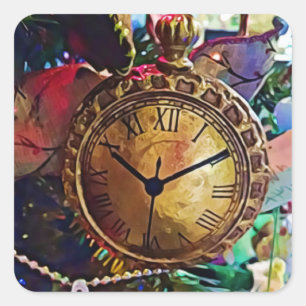 Vintage Goldene Taschenuhr Weihnachtsdekoration Quadratischer Aufkleber