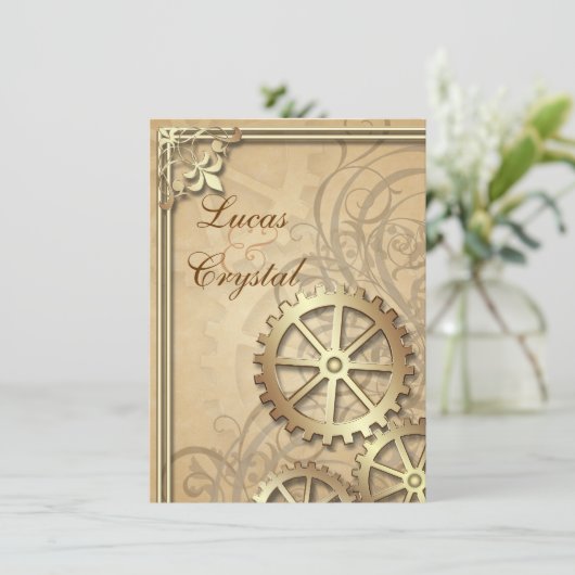Vintage Goldgears Steampunk Hochzeit Einladung (Stehend Vorderseite)