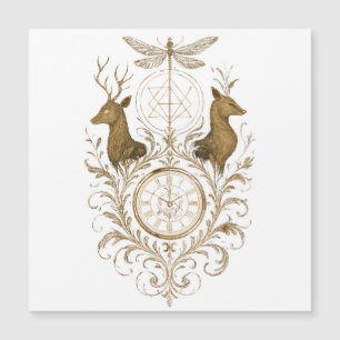 Vintage Goldhirsch & Libellen-Ästhetik-Kunst Grußk Magnetkarte