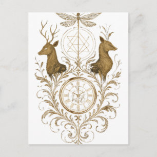 Vintage Goldhirsch & Libellen-Ästhetik-Kunst Grußk Postkarte