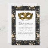 Vintage Goldmasquerade Floral Damask Quinceañera Einladung (Vorderseite)