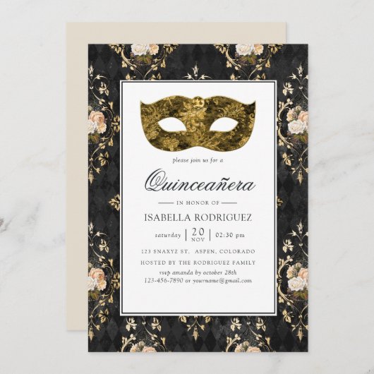 Vintage Goldmasquerade Floral Damask Quinceañera Einladung (Vorne/Hinten)