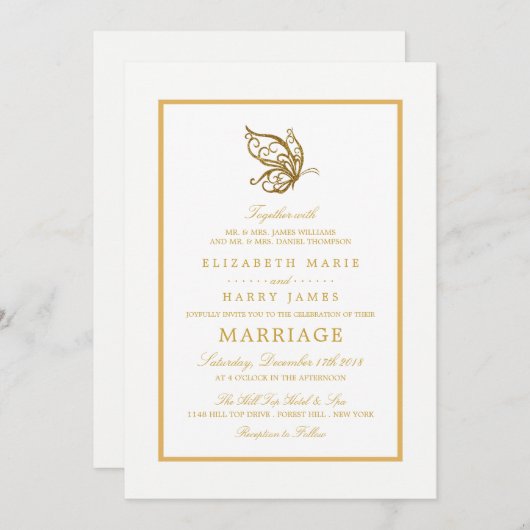 Vintage Goldmedaille-Glitzer-Butterfly-Hochzeit Einladung (Vorne/Hinten)