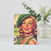 Vintage-Golf-Mädchen Postkarte (Stehend Vorderseite)