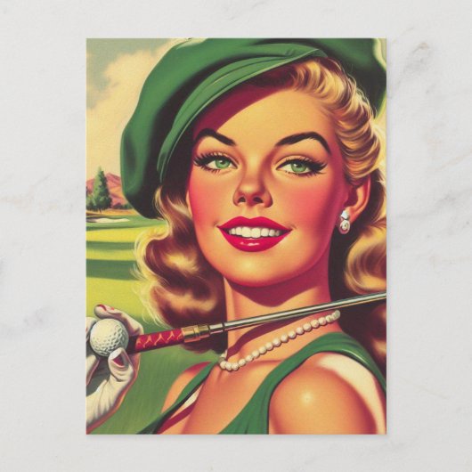 Vintage-Golf-Mädchen Postkarte (Vorderseite)