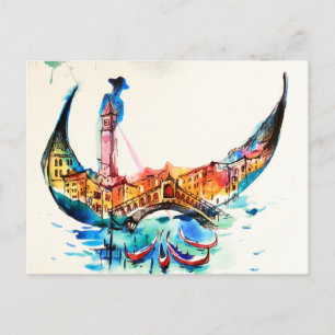 Vintage Gondel Venedig Stadt Reise Liebe Aquarell Feiertagspostkarte