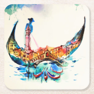 Vintage-Gondel Venedig Stadt Reise Liebe Aquarell Rechteckiger Pappuntersetzer