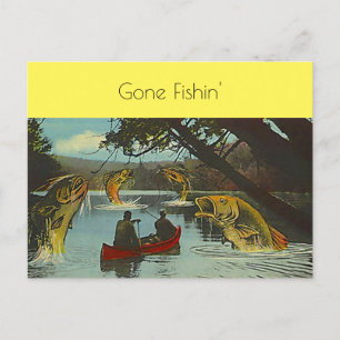 Vintage Gone Fishin Angelsport Übertreibung Spaß P Feiertagspostkarte