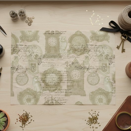 Vintage Goth Decoupage Clock Owl Seidenpapier