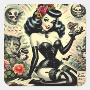 Vintage-Goth-Girl-Illustration Quadratischer Aufkleber