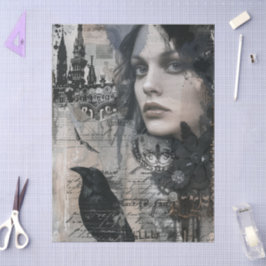 Vintage-Goth-Girl- und Raben-Decoupage Seidenpapier