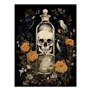 Vintage-Goth-Skelett-Totenkopf-Rabe-Gift-Halloween Poster