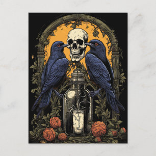 Vintage-Goth-Skelett-Totenkopf-Rabe-Gift-Halloween Postkarte