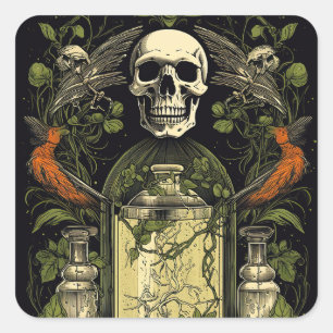 Vintage-Goth-Skelett-Totenkopf-Rabe-Gift-Halloween Quadratischer Aufkleber