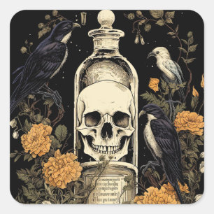 Vintage-Goth-Skelett-Totenkopf-Rabe-Gift-Halloween Quadratischer Aufkleber