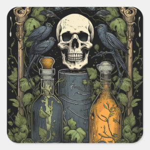 Vintage-Goth-Skelett-Totenkopf-Rabe-Gift-Halloween Quadratischer Aufkleber