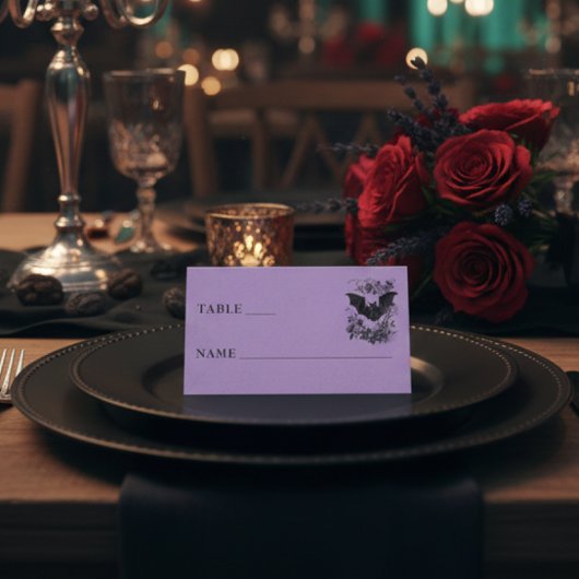 Vintage Gothic Black Toile Bat Purple Wedding Platzkarte