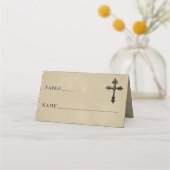 Vintage Gothic Black Toile Cross Tan Wedding Platzkarte (Vorderseite)