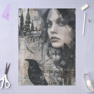 Vintage Gothic Girl & Raven Decoupage Seidenpapier