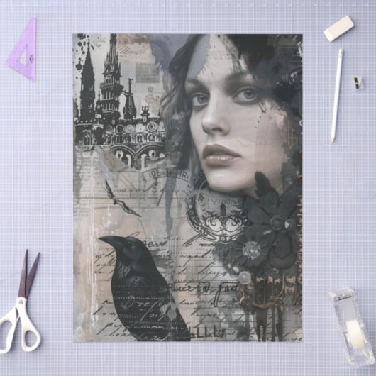 Vintage Gothic Girl & Raven Decoupage Seidenpapier (Basteln)
