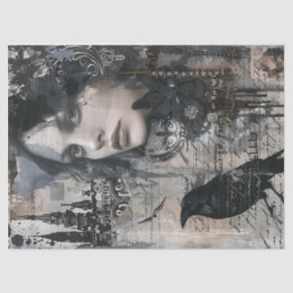 Vintage Gothic Girl & Raven Decoupage Seidenpapier