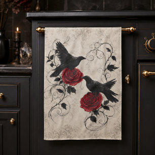 Vintage Gothic Raben Karmesinrote Rosen Geschirrtuch